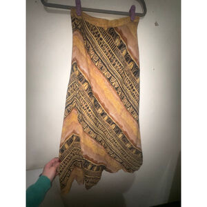 Boho Batik Style Midi Skirt Abstract Tribal Print Rayon Earth Tones